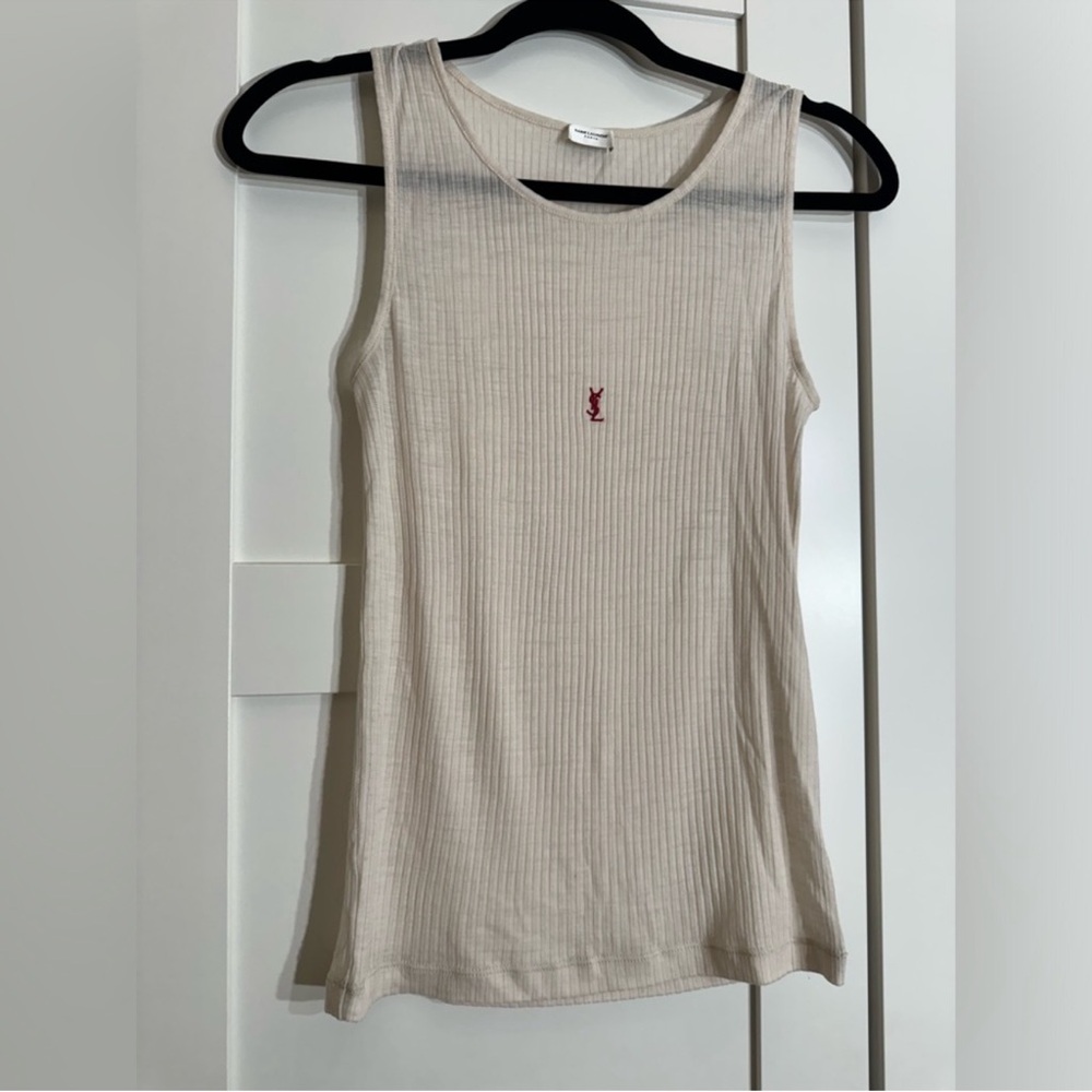 YSL SAINT LAURENT Beige Sleeveless Ribbed Top CASHMERE SIZE Small